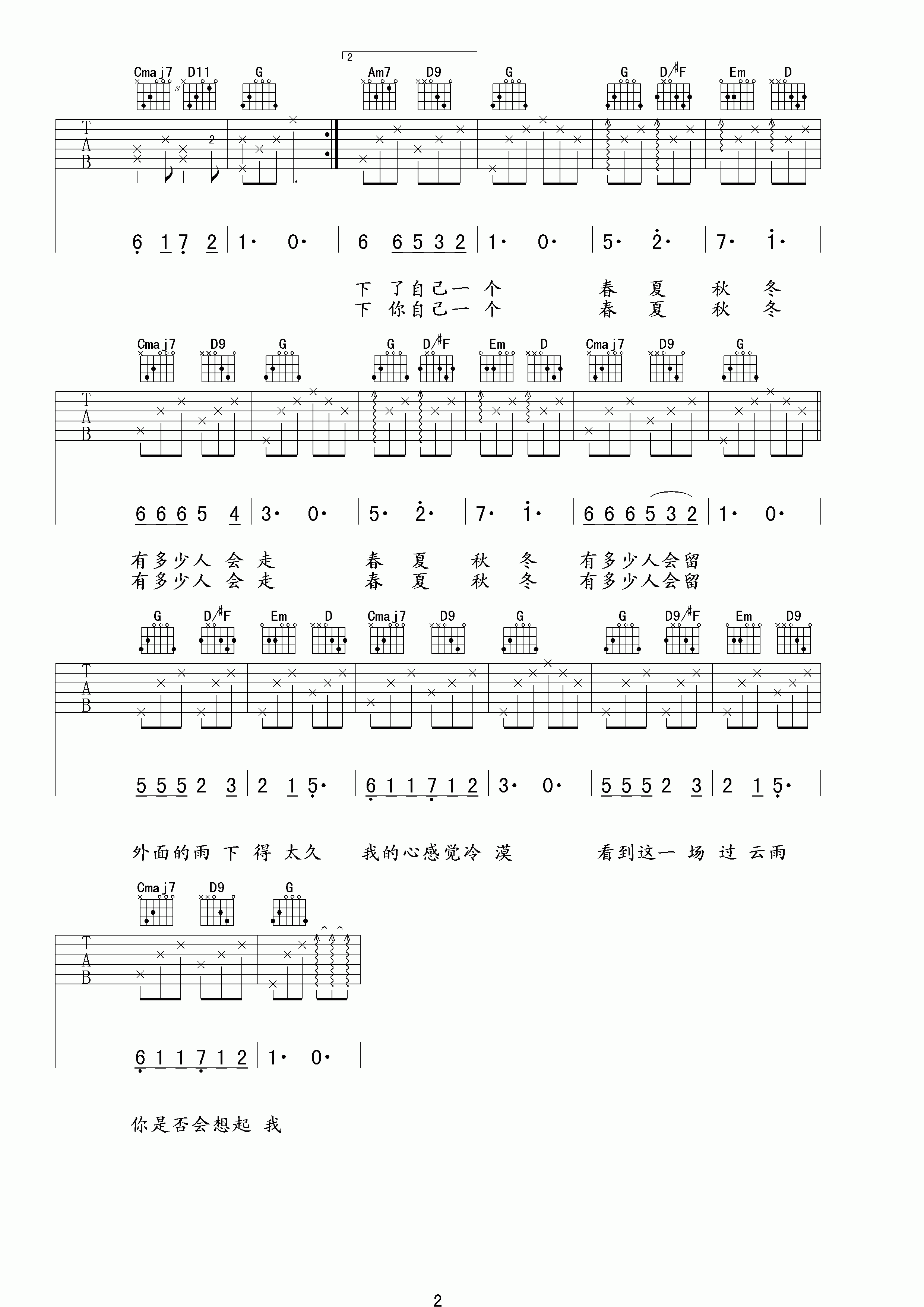 过云雨吉他谱_张敬轩_网络转载_G调