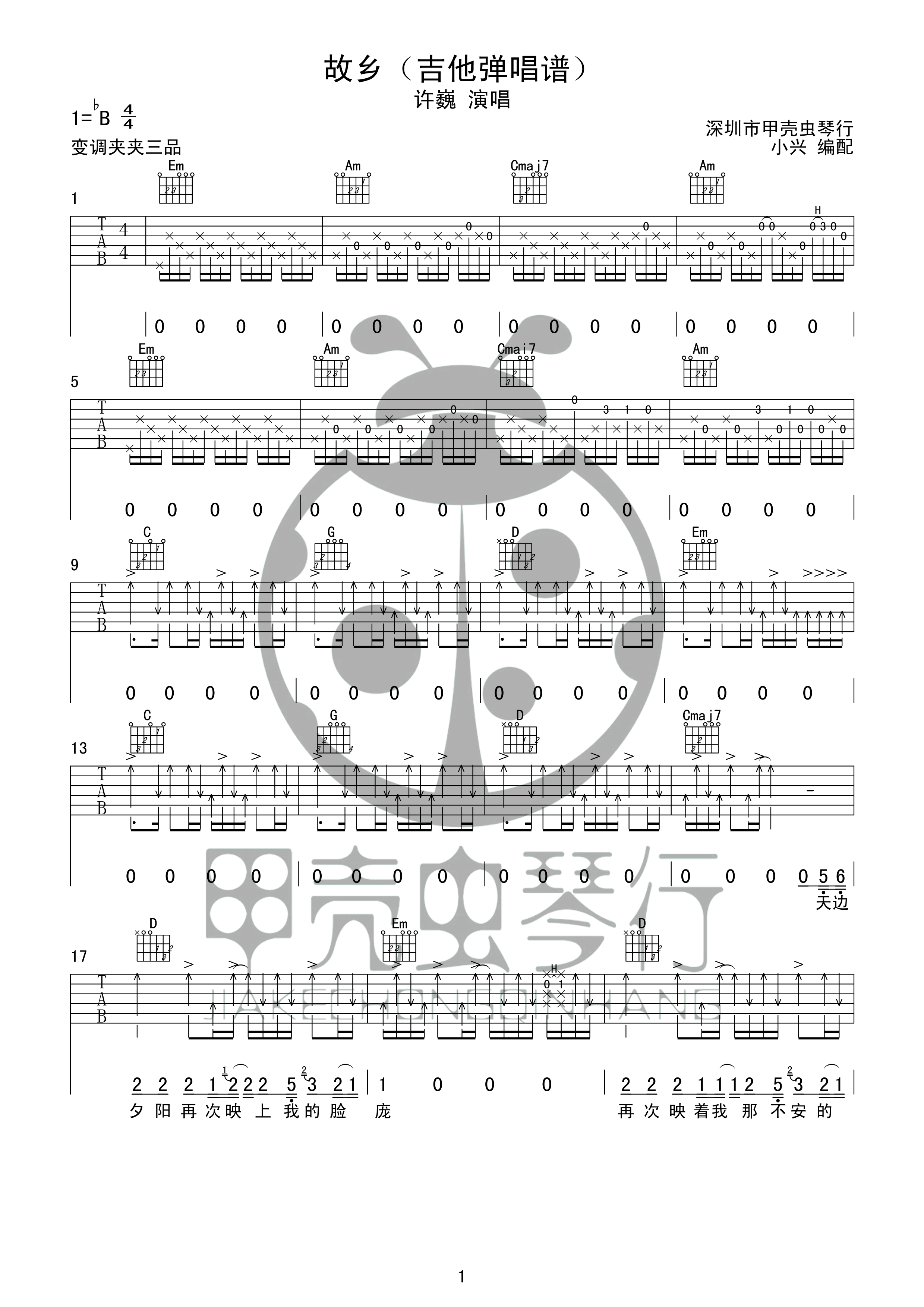故乡吉他谱_许巍_甲壳虫琴行_B调