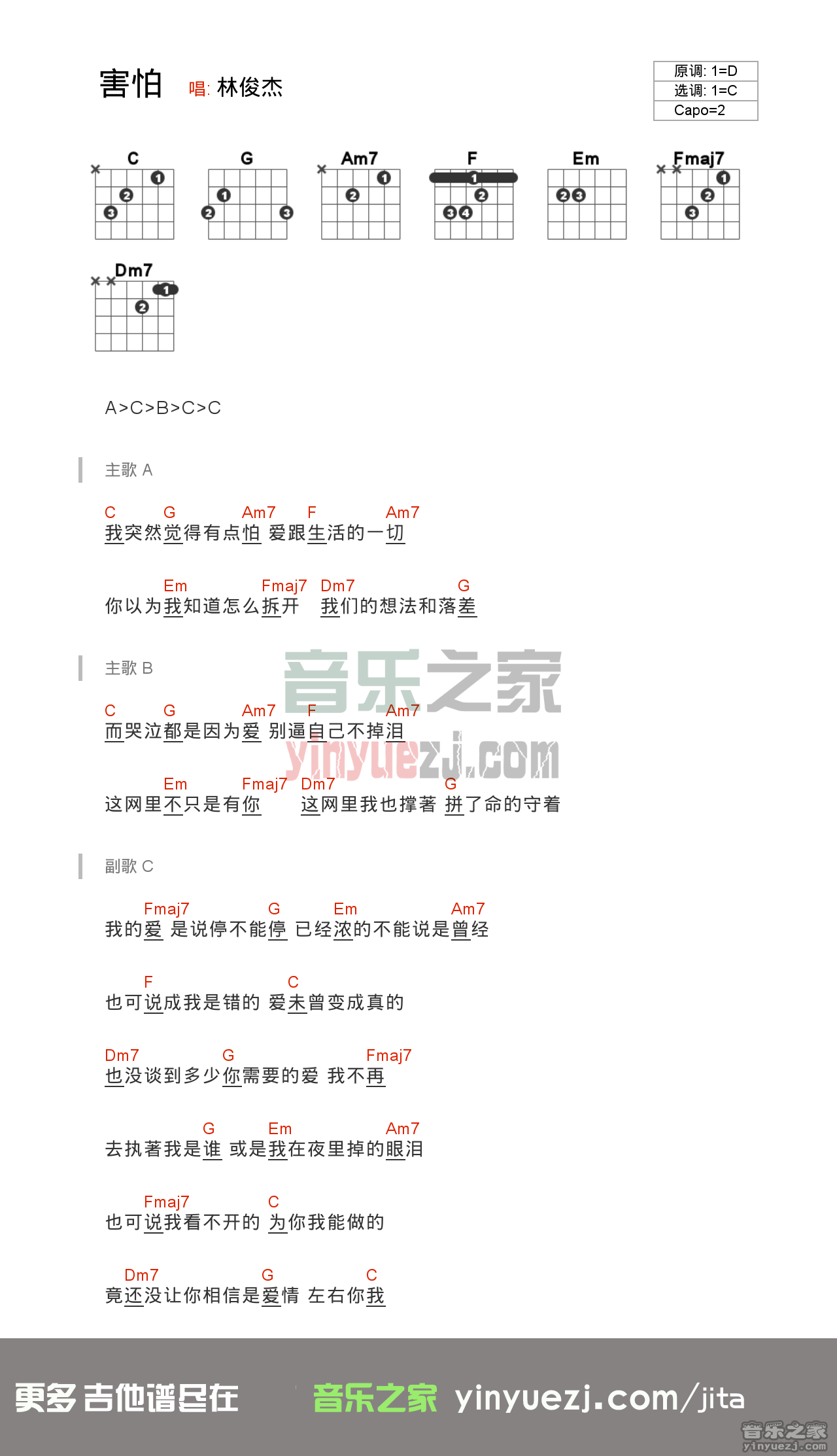 害怕吉他谱_林俊杰_音乐之家_C调