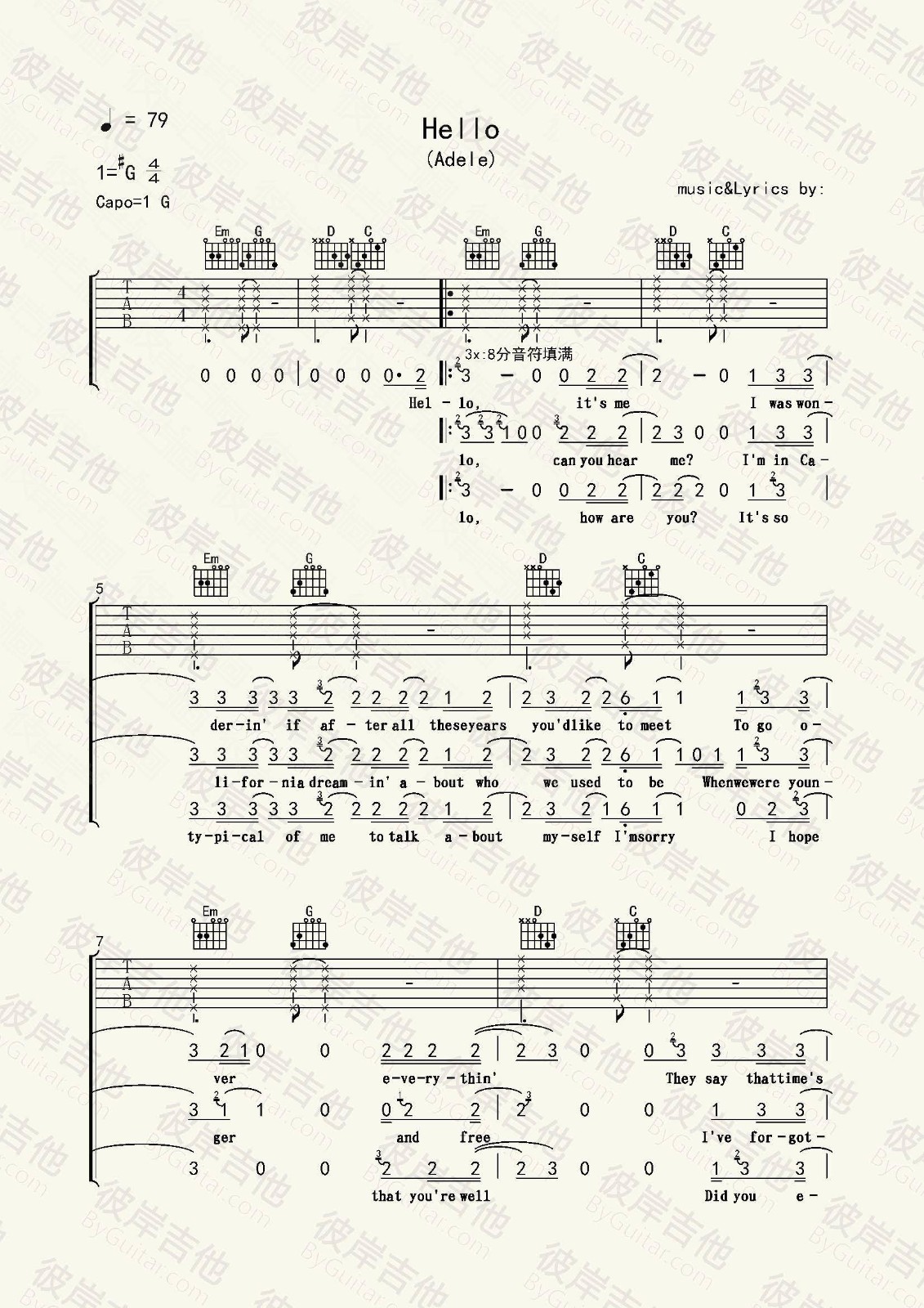 hello吉他谱_Adele_彼岸吉他_G调