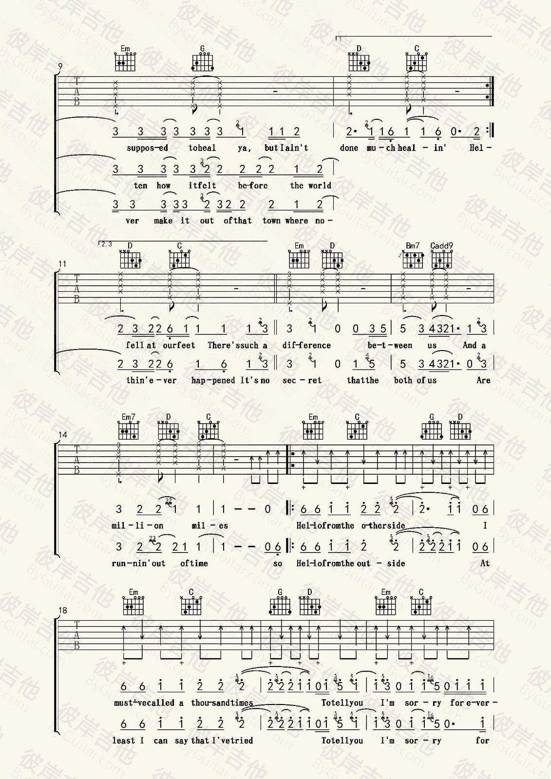 hello吉他谱_Adele_彼岸吉他_G调