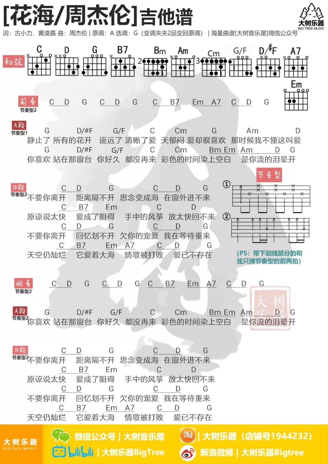 花海吉他谱_周杰伦_大树音乐屋_G调