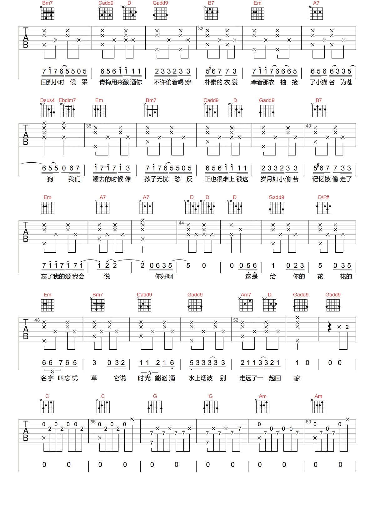 花开忘忧吉他谱_周深_G调 