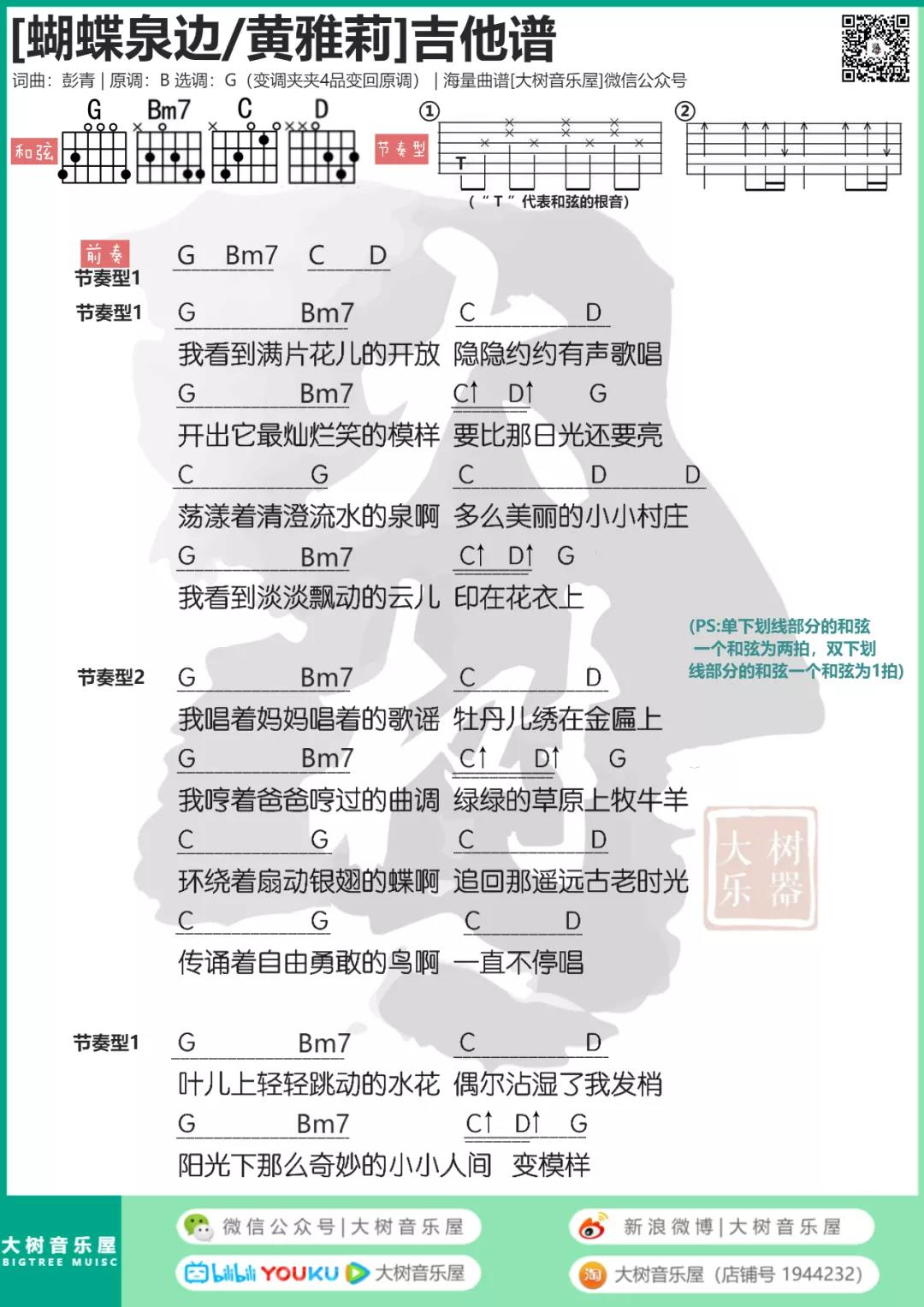 蝴蝶泉边吉他谱_黄雅莉_大树音乐屋_G调