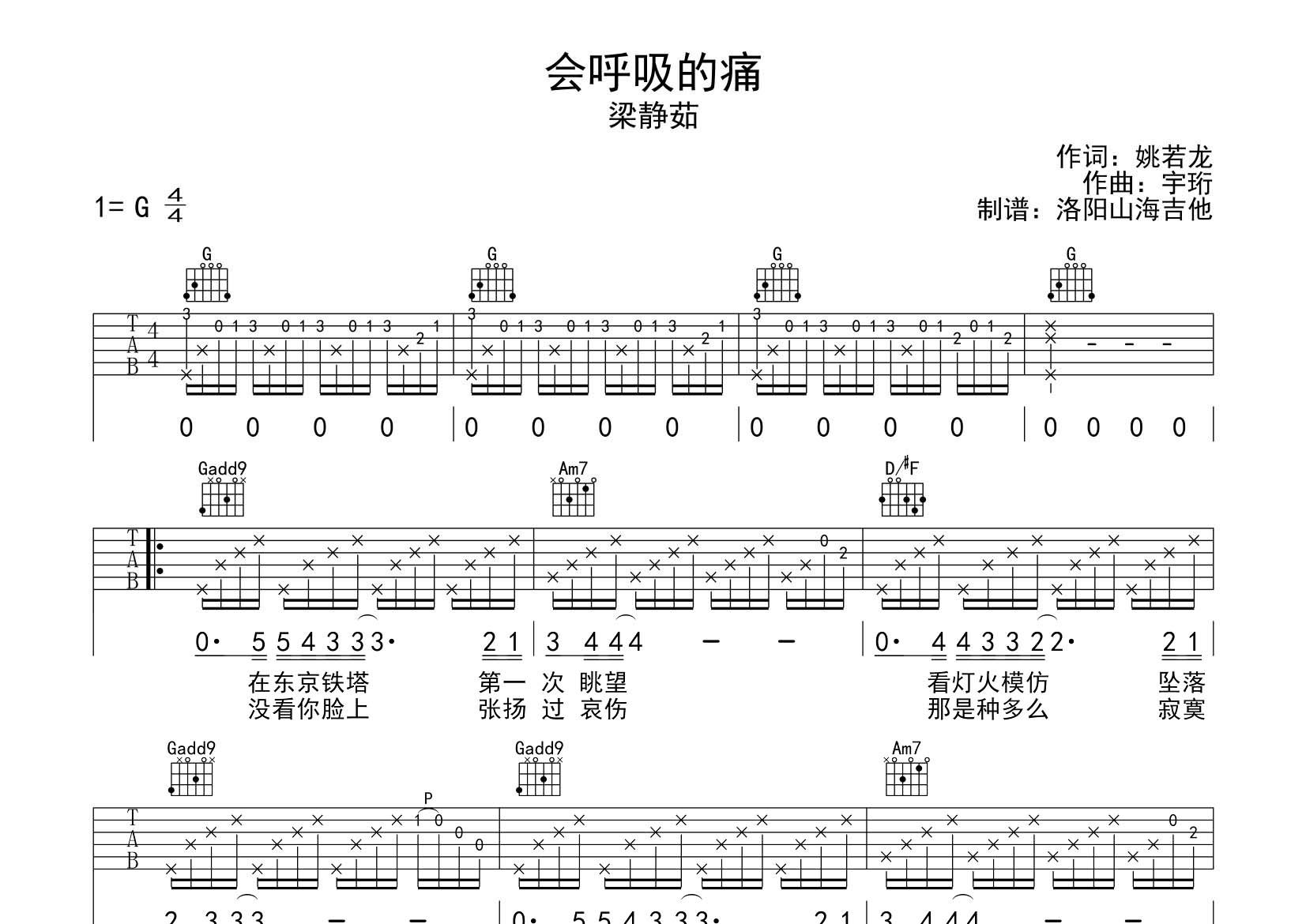 会呼吸的痛吉他谱_梁静茹_飞韵吉他_G调