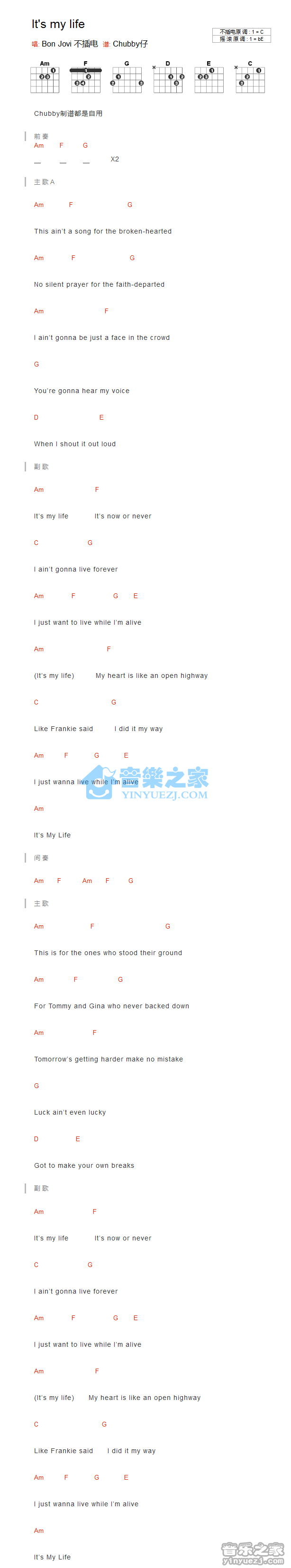 its my life吉他谱_BonJovi_itsmylife_音乐之家_C调