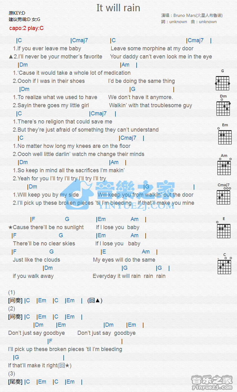 it will rain吉他谱_BrunoMars_itwillrain_音乐之家_C调