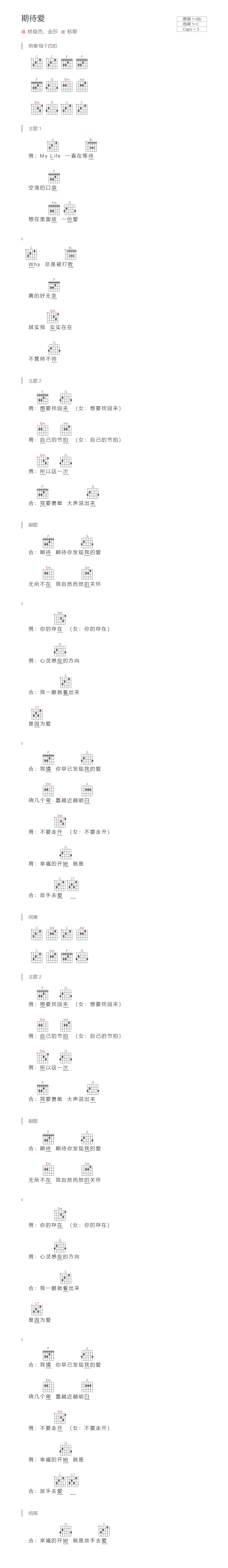 期待爱吉他谱_林俊杰_音乐之家_C调