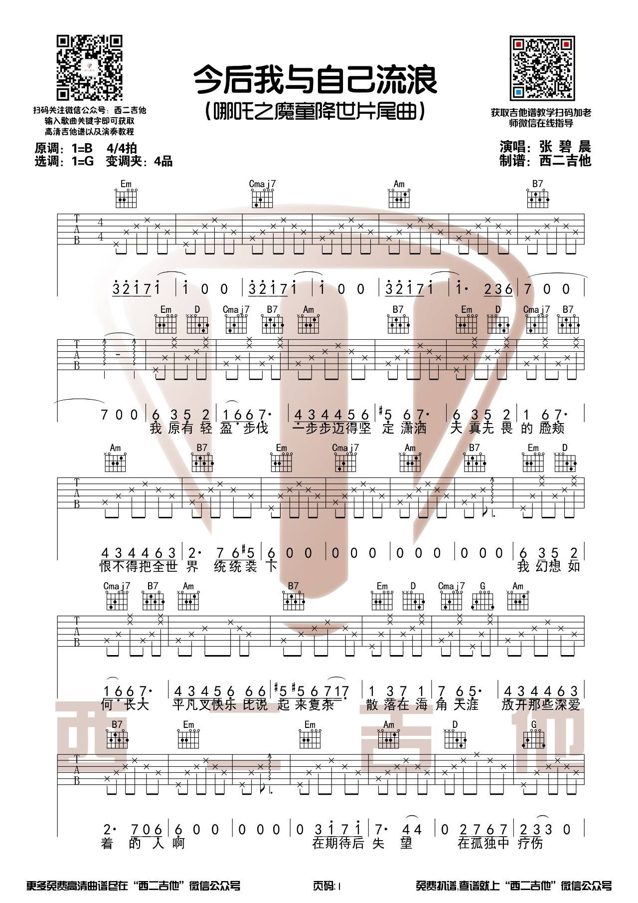 今后我与自己流浪吉他谱_张碧晨_西二吉他_G调 