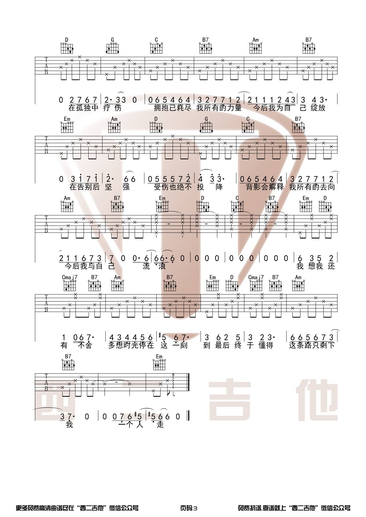 今后我与自己流浪吉他谱_张碧晨_西二吉他_G调 