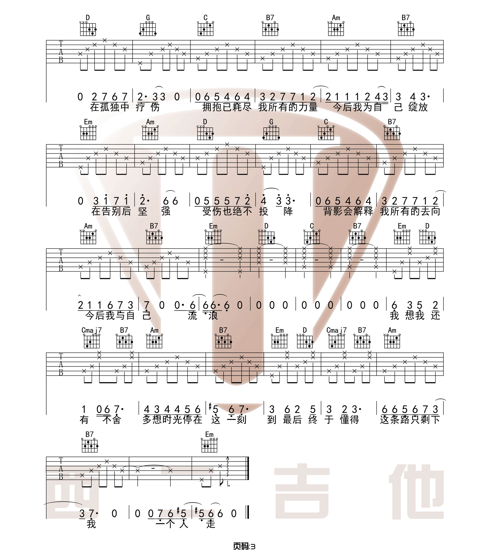 今后我与自己流浪吉他谱_西二吉他_G调_张碧晨 