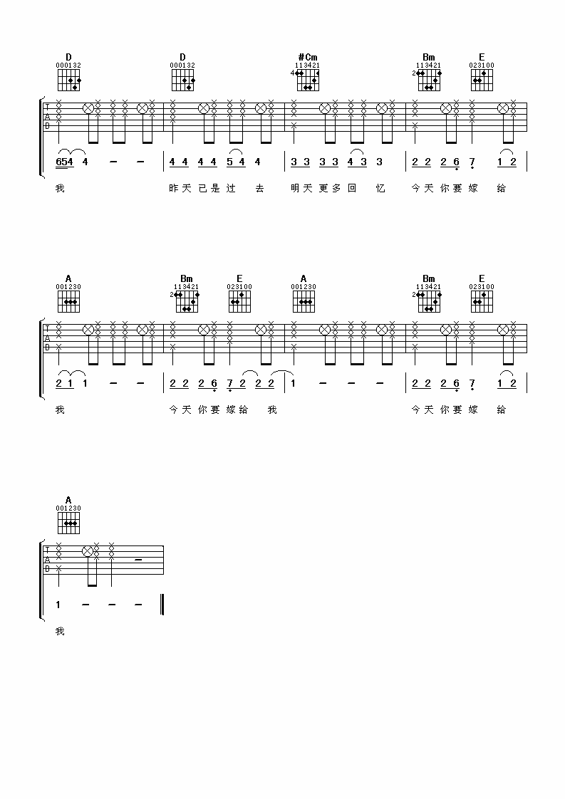 今天你要嫁给我吉他谱_蔡依林_阿潘音乐工场_A调
