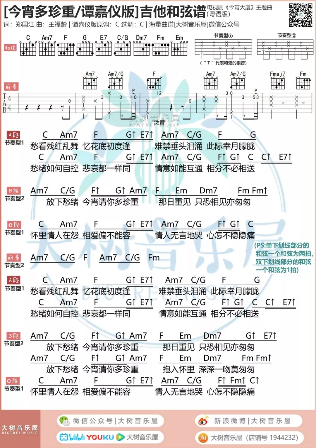今宵多珍重吉他谱_谭嘉仪_大树音乐屋_C调