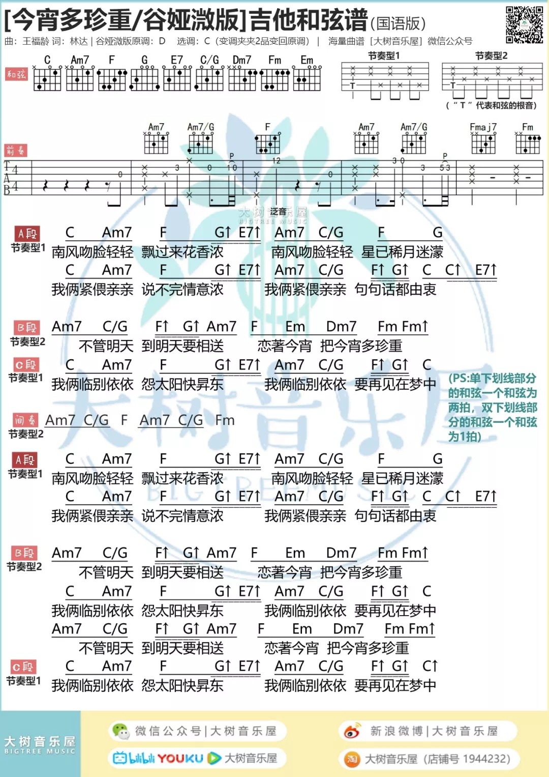 今宵多珍重吉他谱_谭嘉仪_大树音乐屋_C调