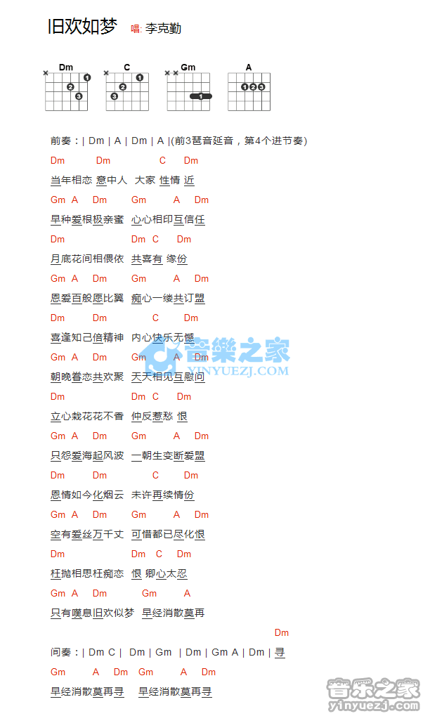 旧欢如梦吉他谱_李克勤_音乐之家_D调 