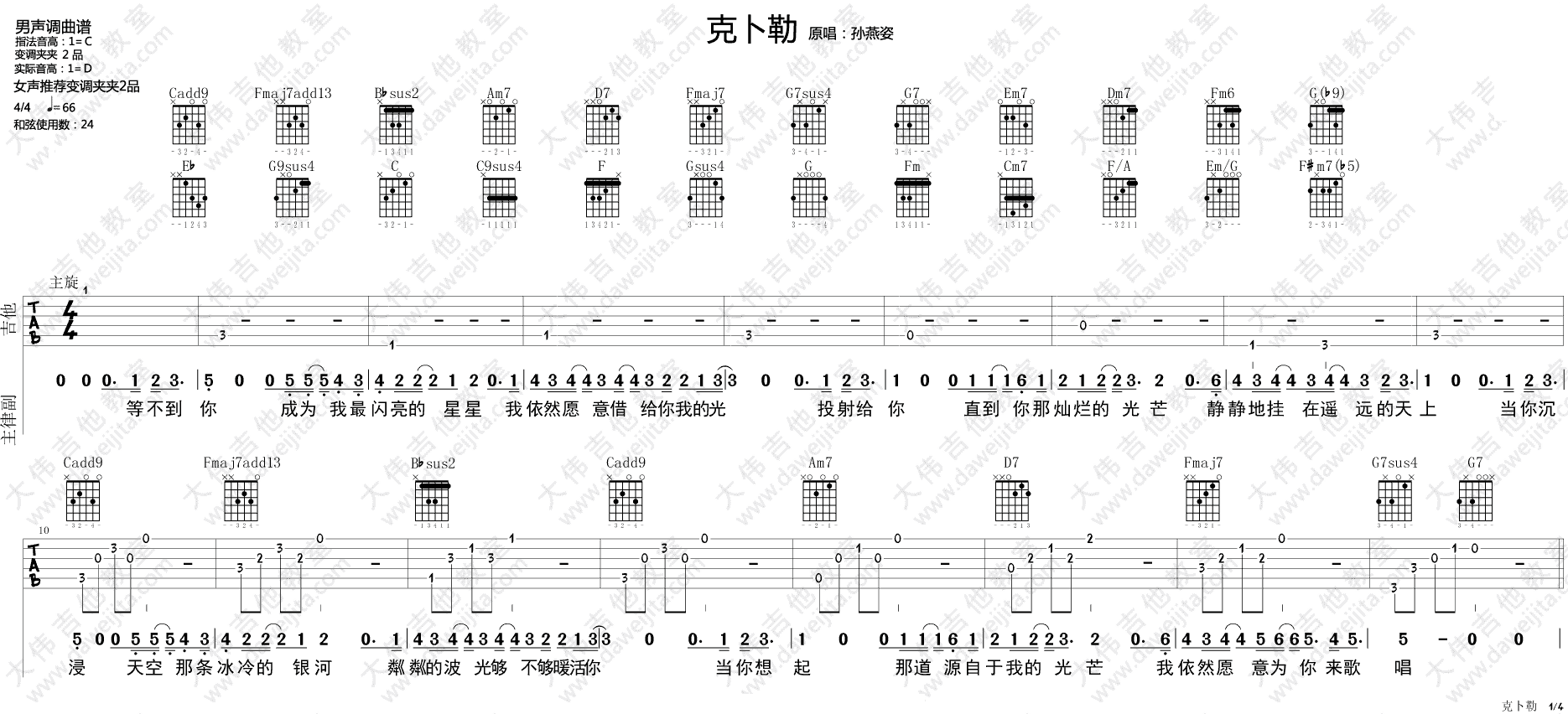 克卜勒吉他谱_孙燕姿_大伟吉他教室_C调