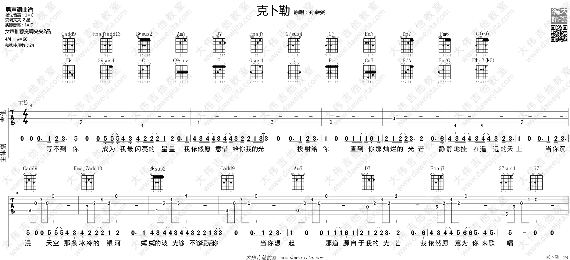 克卜勤吉他谱_孙燕姿_大伟吉他教室_C调