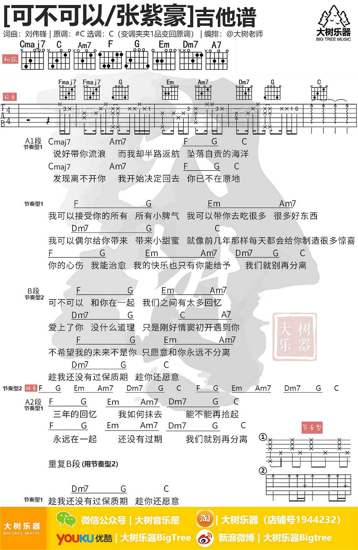 可不可以吉他谱_张紫豪_大树音乐_C调