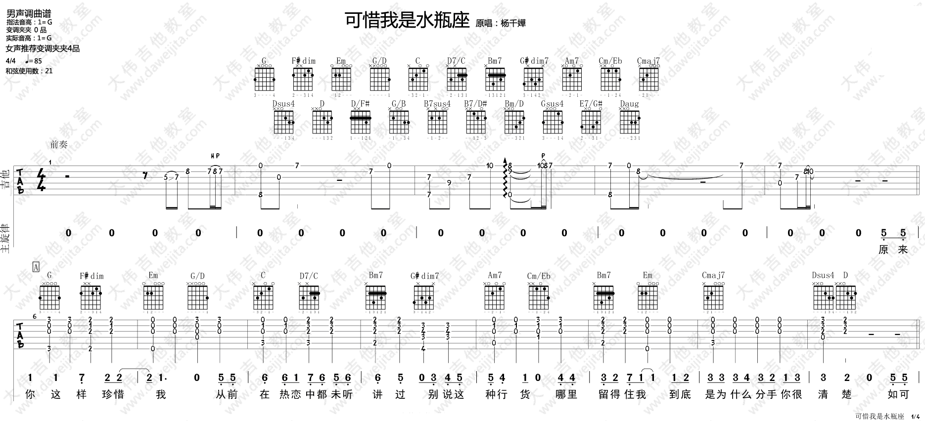 可惜我是水瓶座吉他谱_杨千嬅_大伟吉他教室_G调