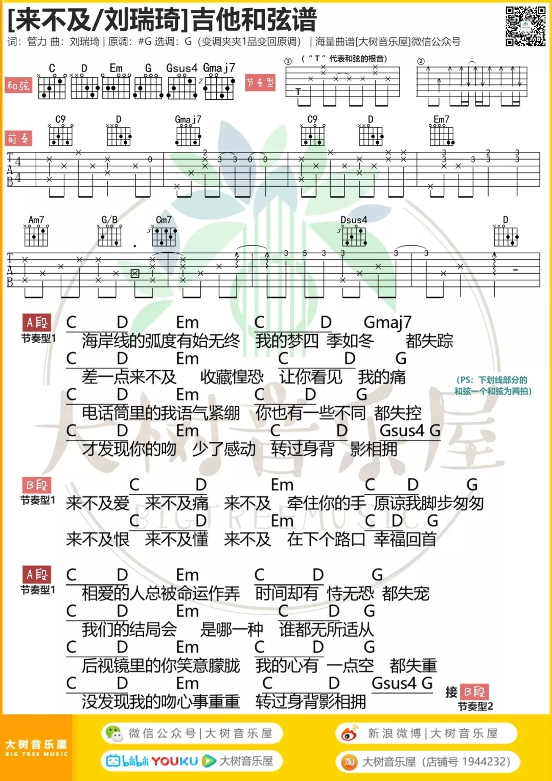 来不及吉他谱_刘瑞琦_大树音乐屋_G调