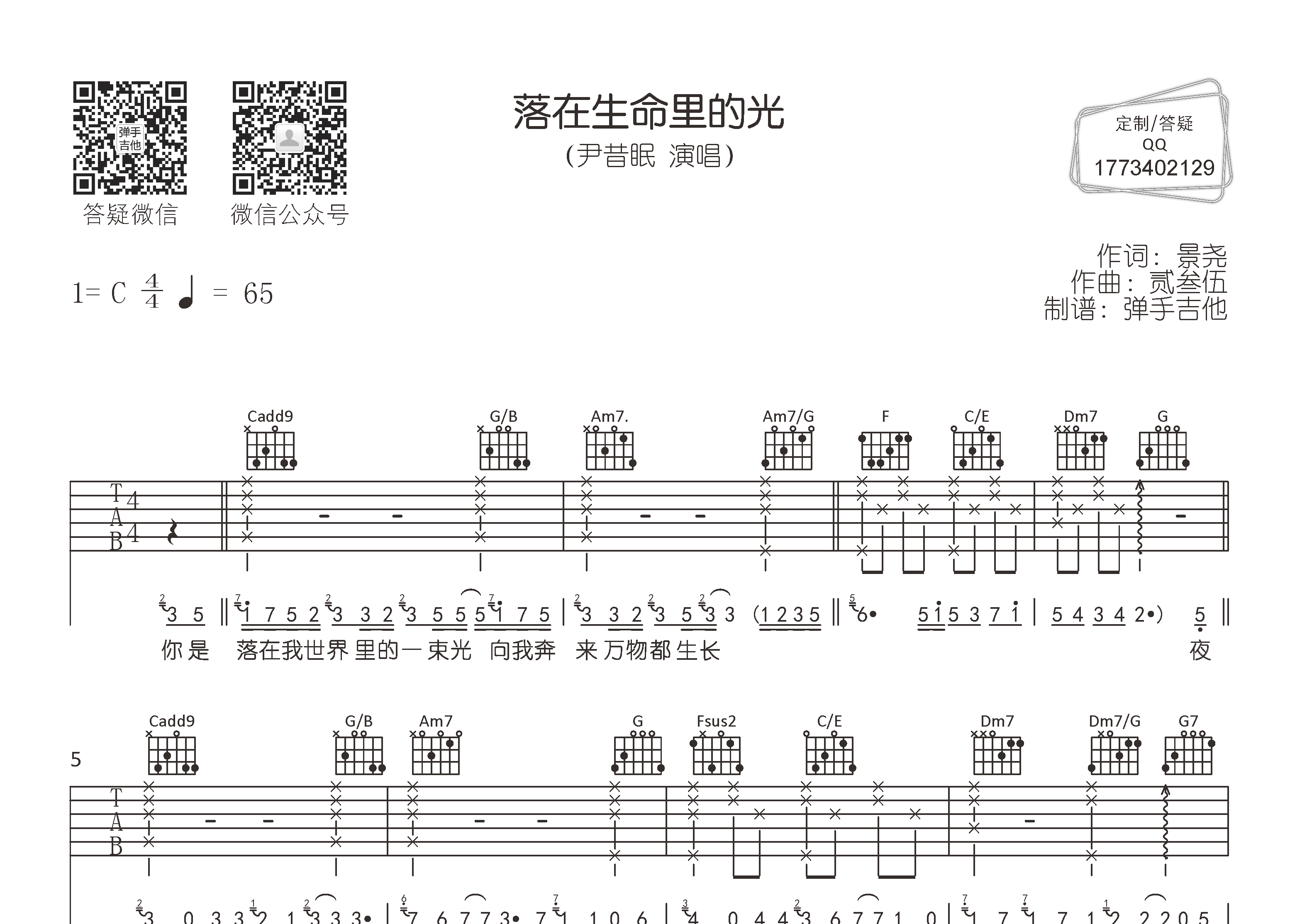 落在生命里的光吉他谱_尹昔眠_弹手吉他_C调 
