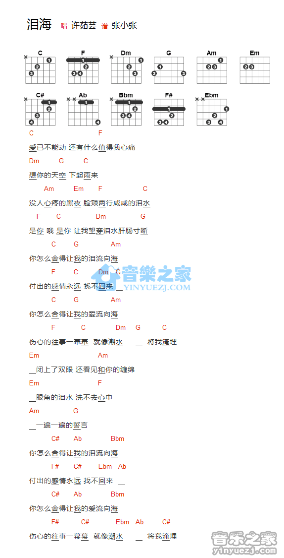 泪海吉他谱_许茹芸_音乐之家_C调 