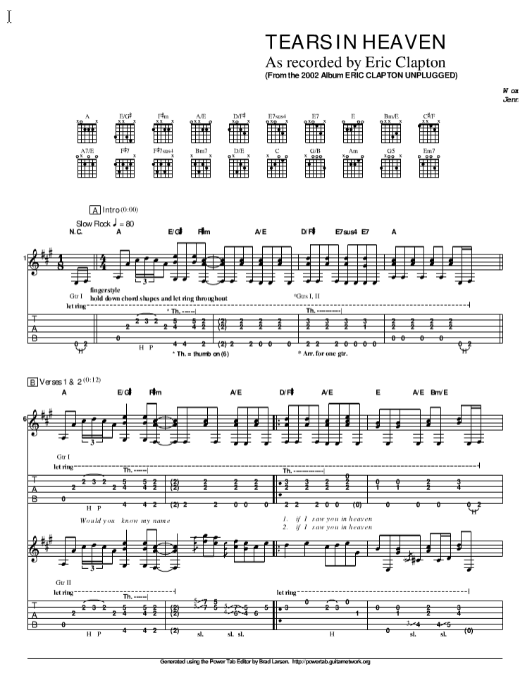 泪洒天堂吉他谱_EricClapton_泪洒天堂指弹谱原调六线谱_精选版_Eri_网络转载_调