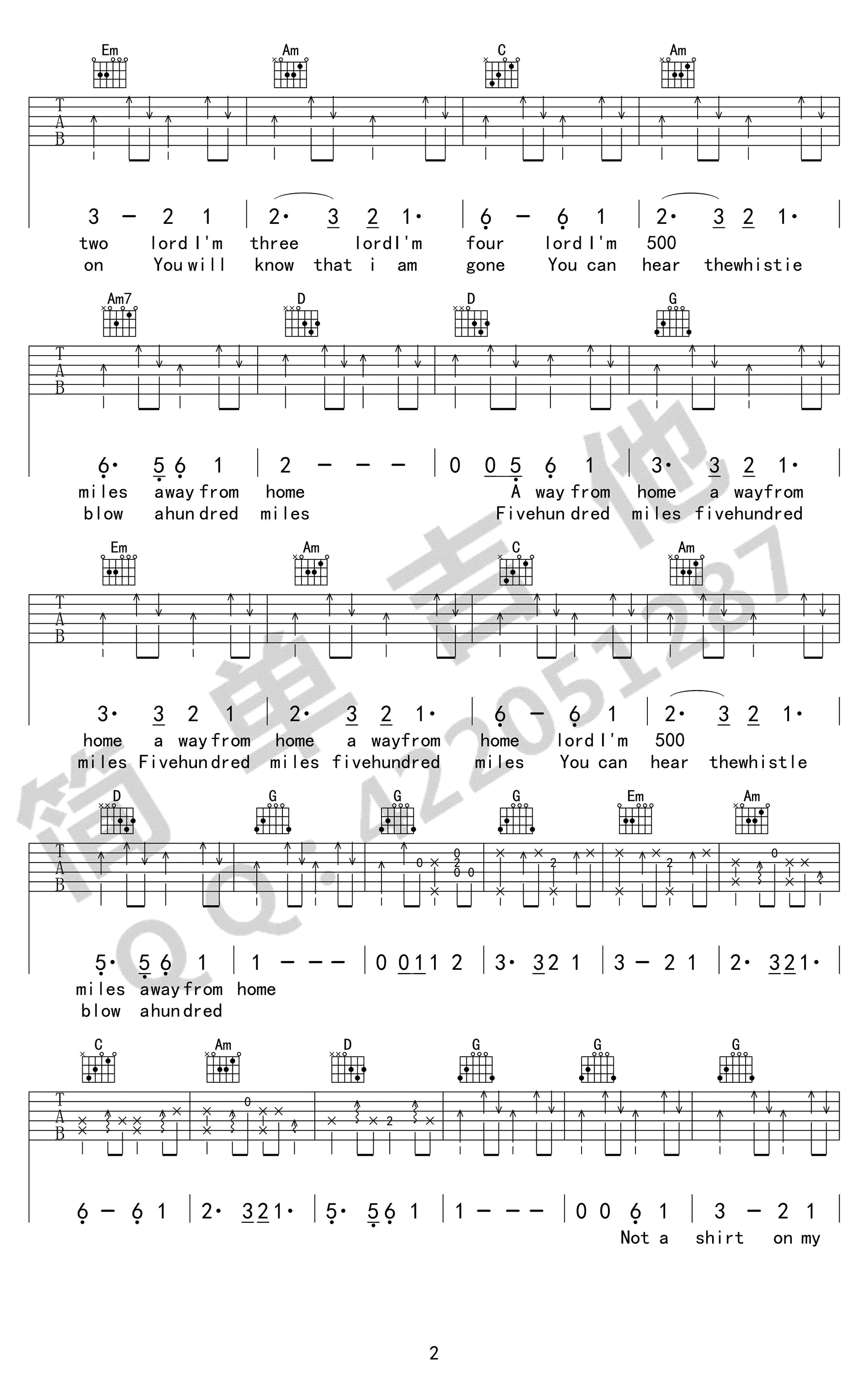 离家五百里吉他谱_四兄弟演唱组_简单吉他_G调