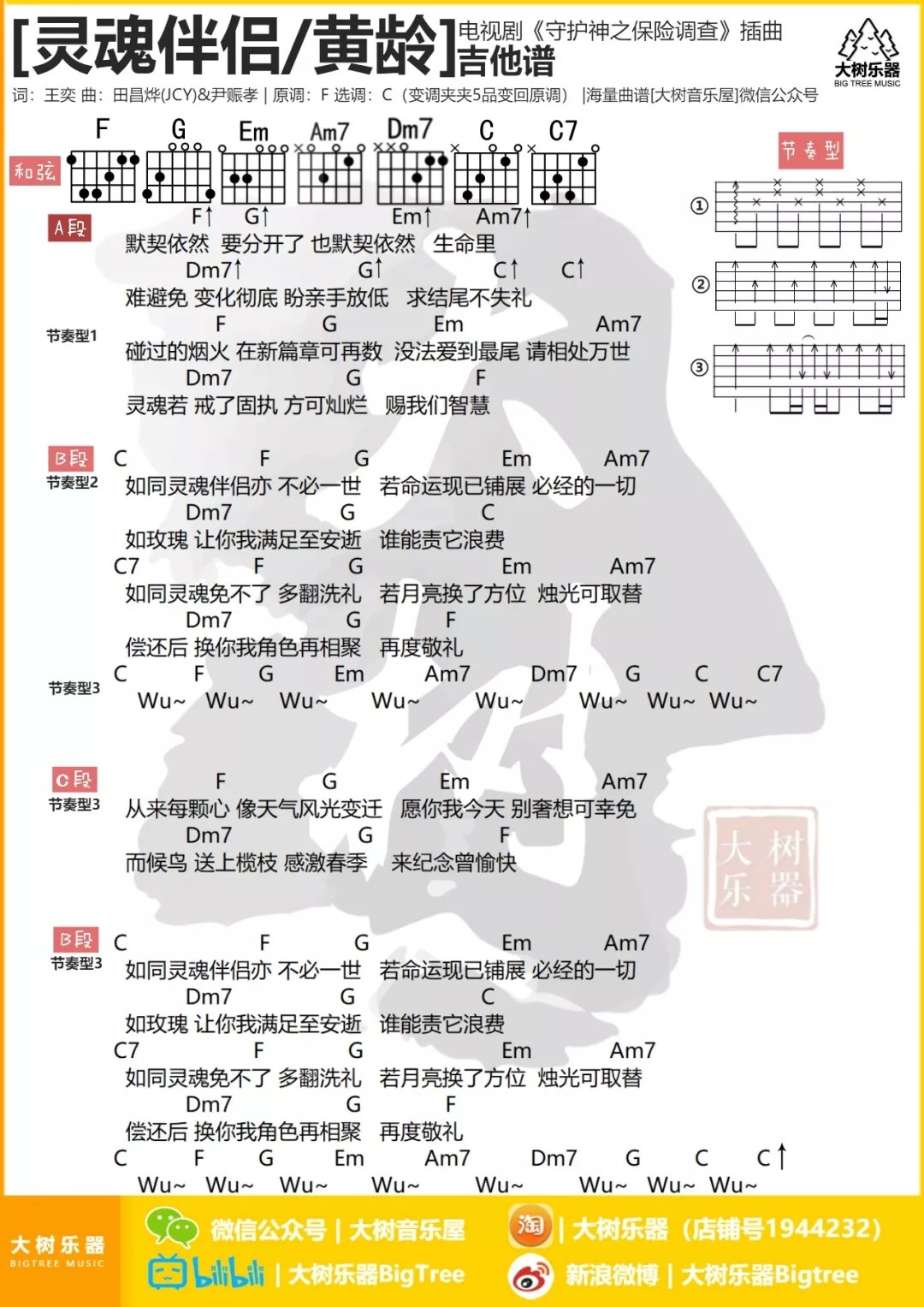 灵魂伴侣吉他谱_黄龄_灵魂伴侣C调和弦谱_大树音乐屋编配_黄龄_大树音乐屋_调
