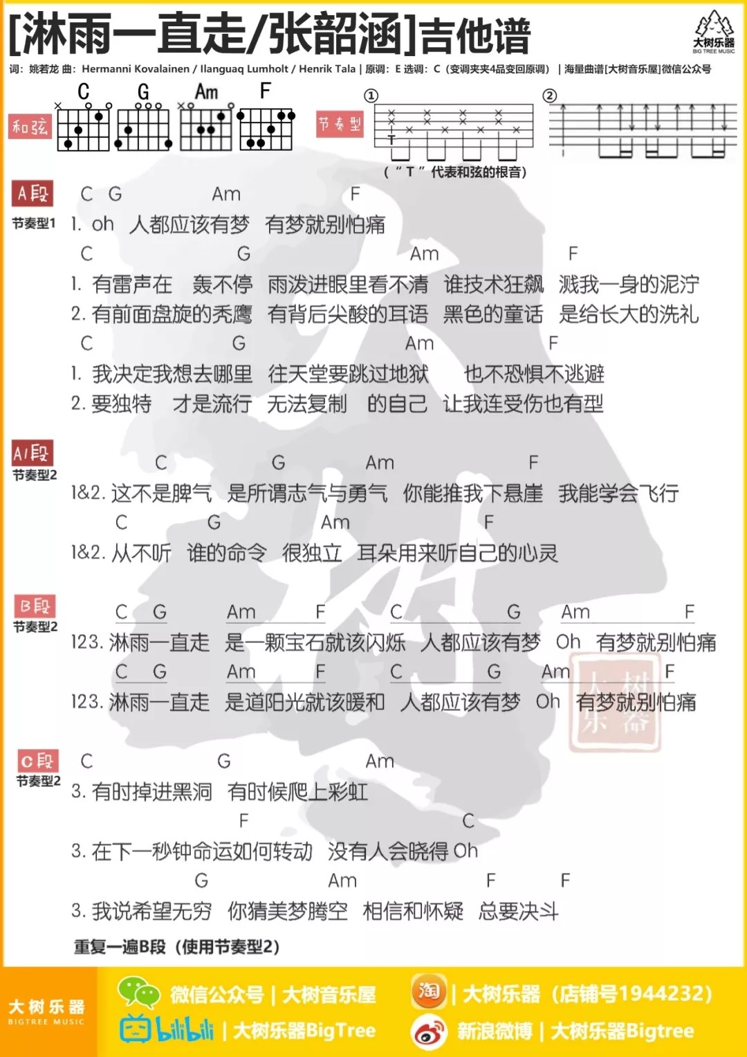 淋雨一直走吉他谱_张韶涵_大树音乐屋_C调