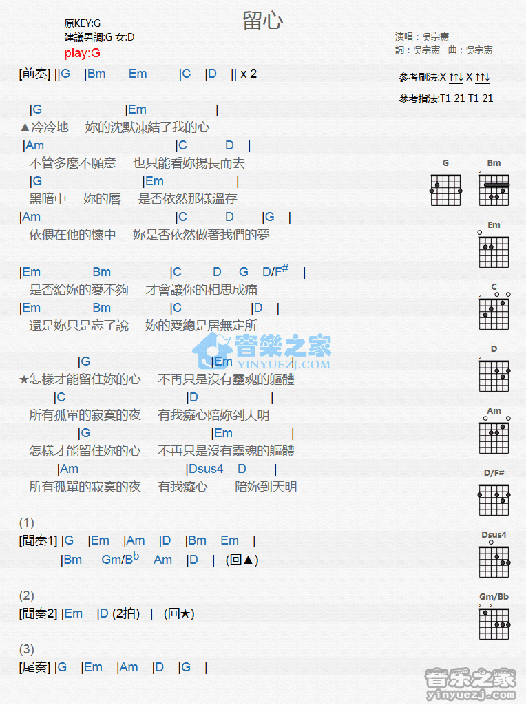 留心吉他谱_吴宗宪_音乐之家_D调