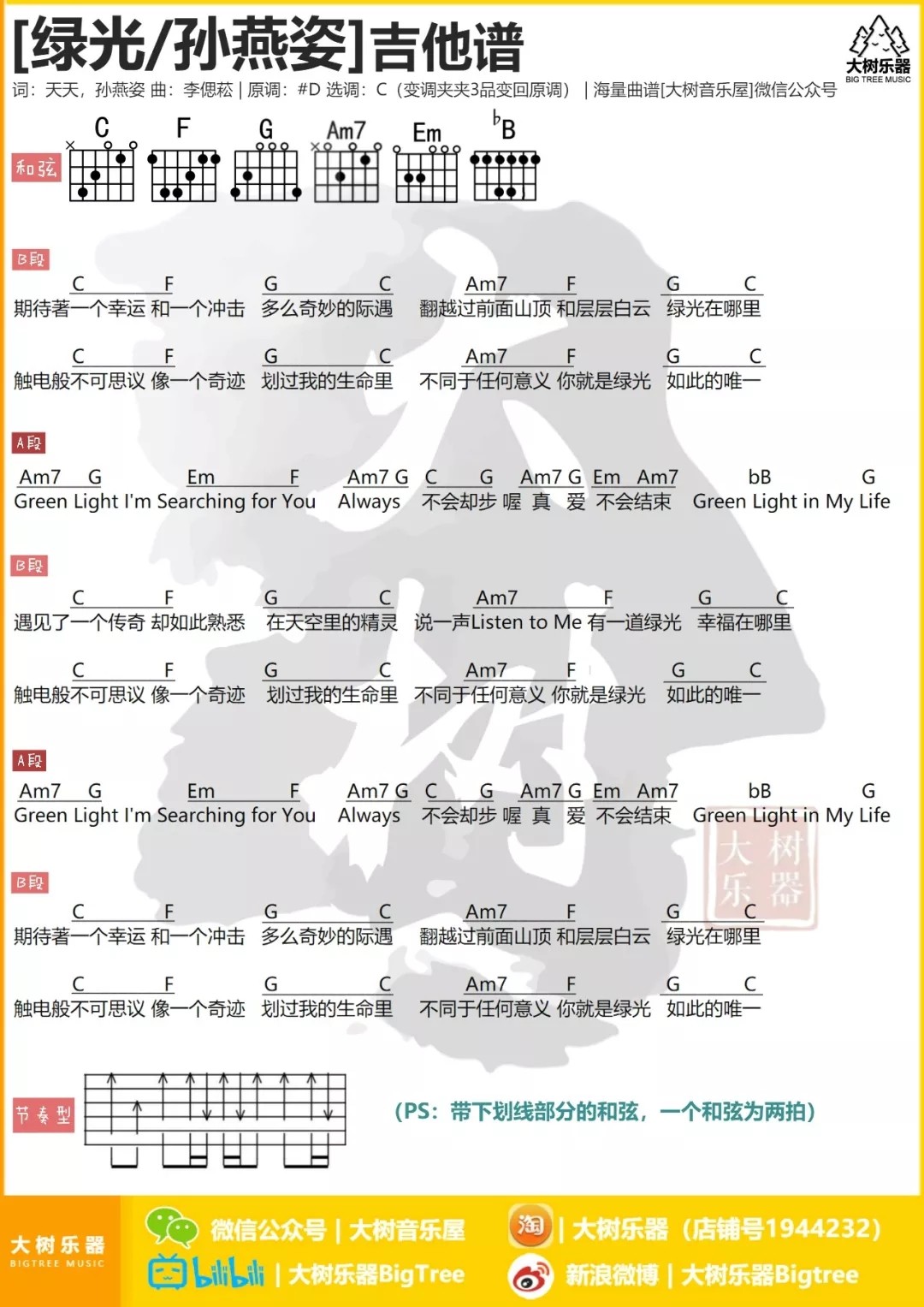 绿光吉他谱_孙燕姿_大树音乐屋_C调