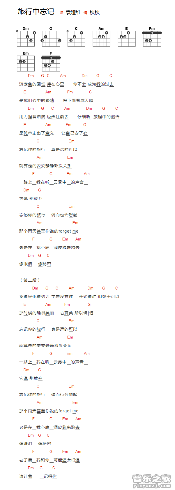 旅行中忘记吉他谱_袁维娅_音乐之家_C调 