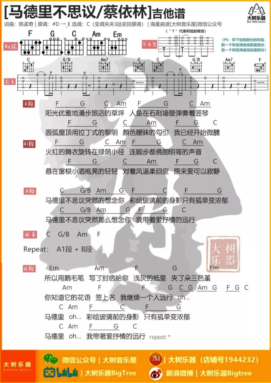 马德里不思议吉他谱_蔡依林_大树音乐屋_C调