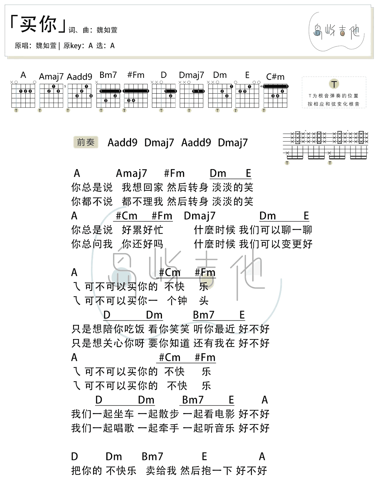 买你吉他谱_魏如萱_岛屿吉他_A调