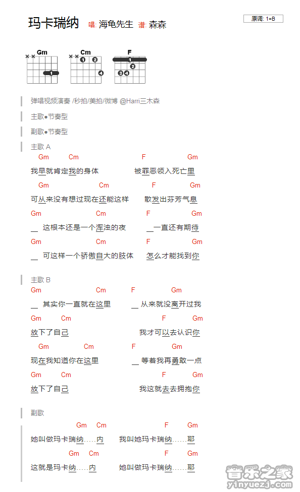 玛卡瑞纳吉他谱_海龟先生_音乐之家_B调