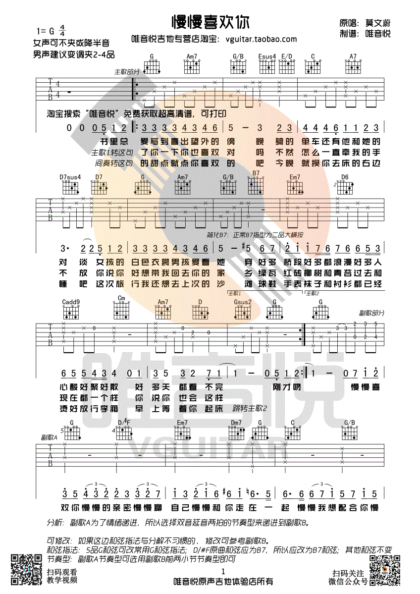 慢慢喜欢你吉他谱_莫文蔚_唯音悦_G调