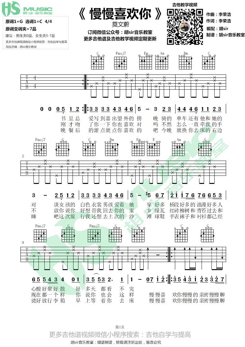 慢慢喜欢你吉他谱_莫文蔚_胡Sir音乐教室_C调