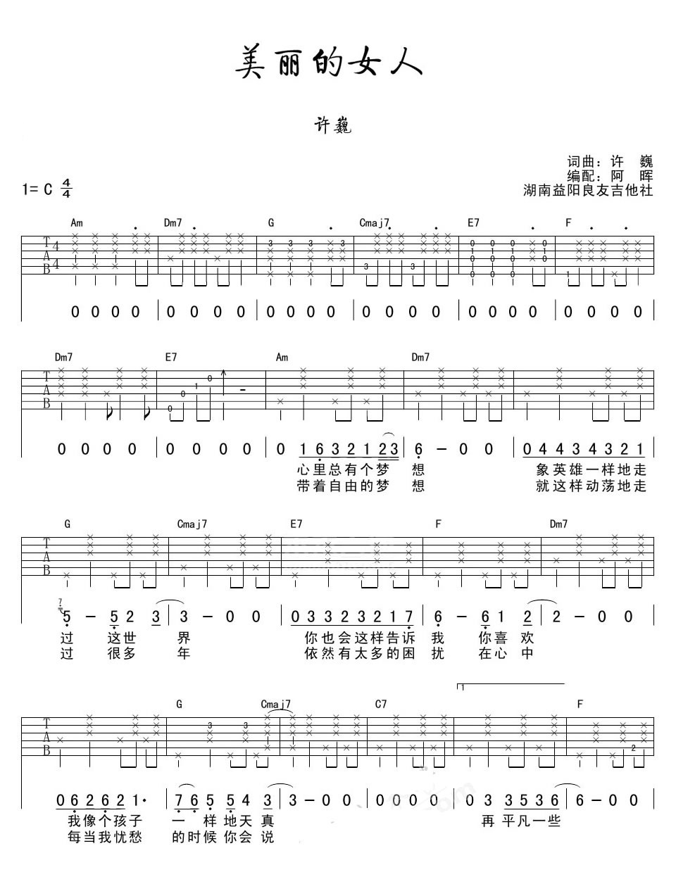 美丽的女人吉他谱_许巍_阿晖_C调