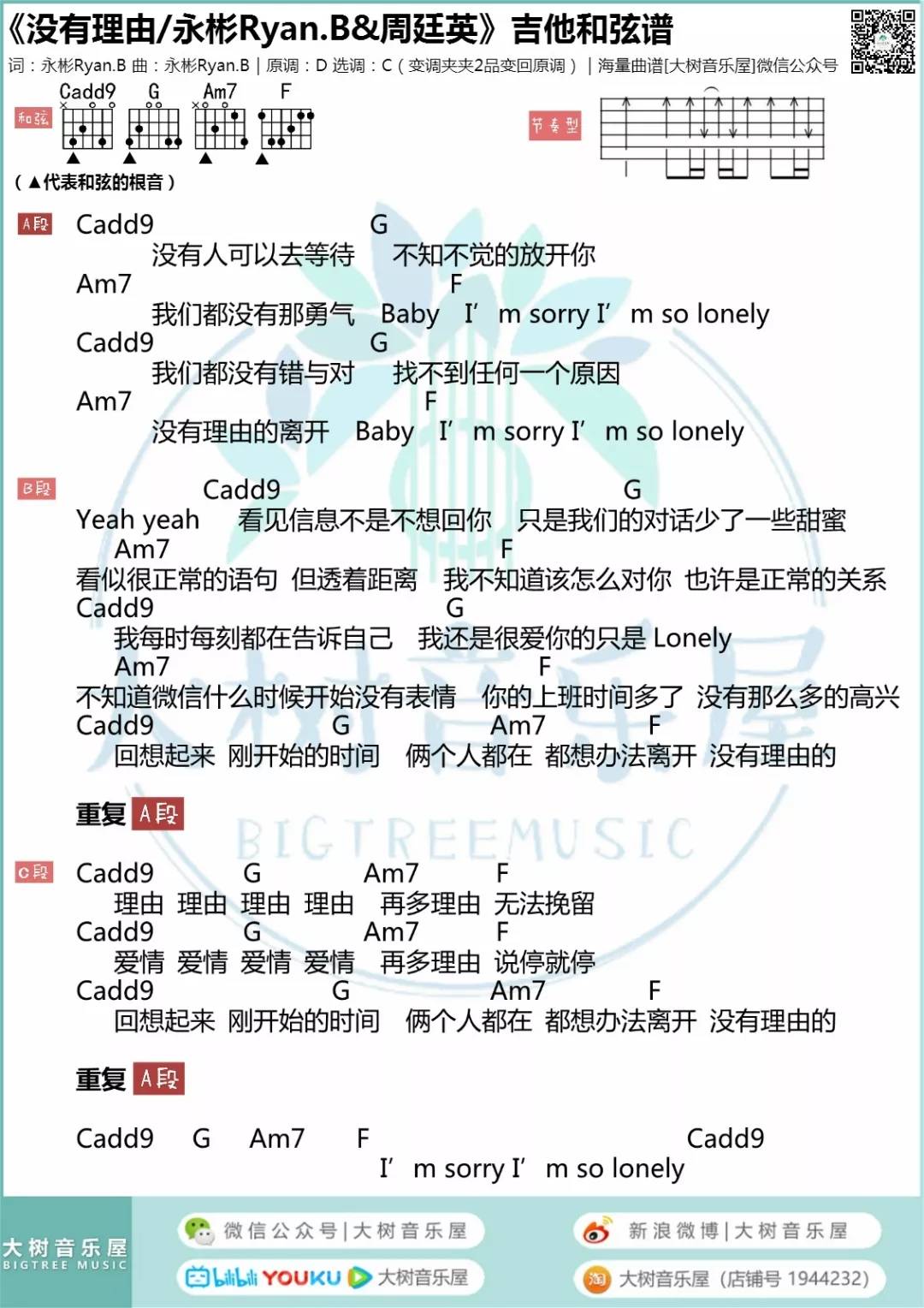 没有理由吉他谱_周廷英_大树音乐屋_C调