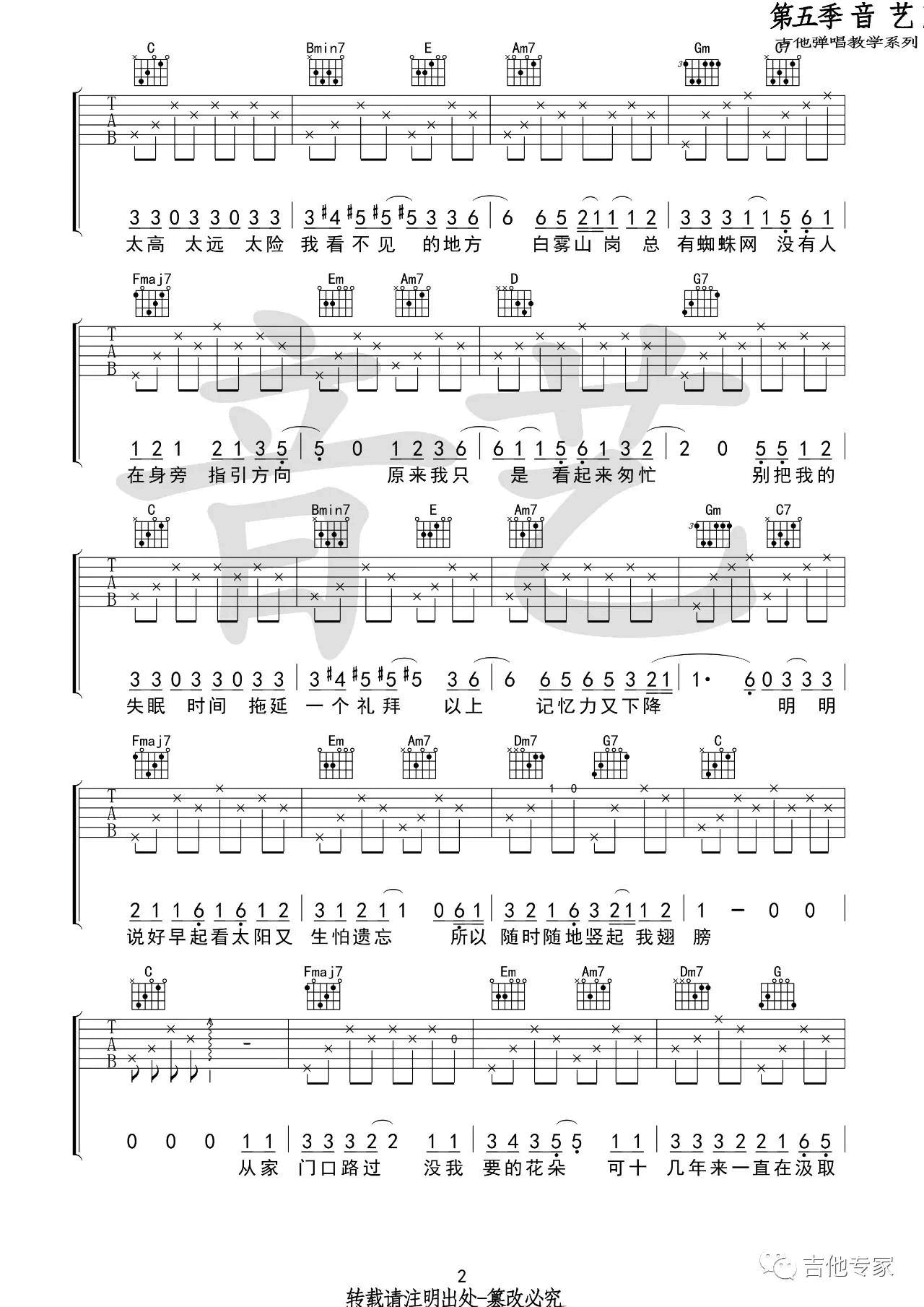 蜜蜂吉他谱_万玲琳_音艺吉他_C调 