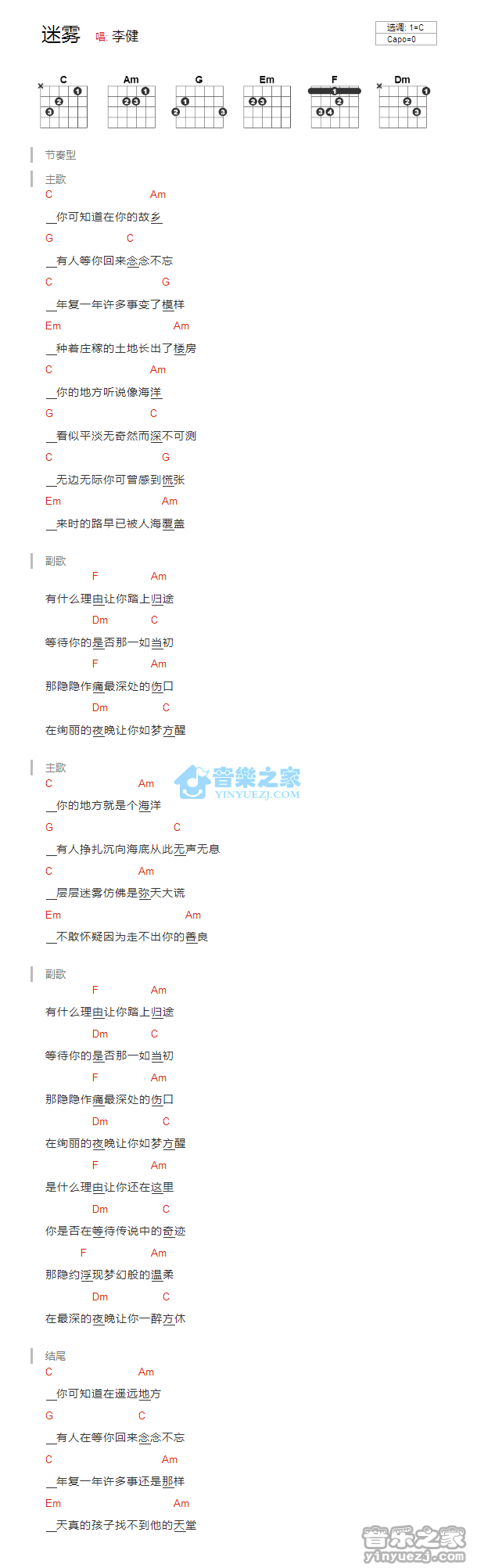 迷雾吉他谱_李健_音乐之家_C调
