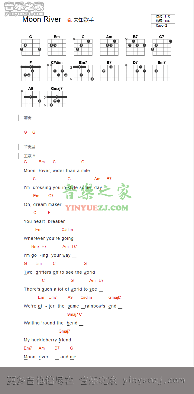 moon river吉他谱_月亮河_moonriver_音乐之家_C调
