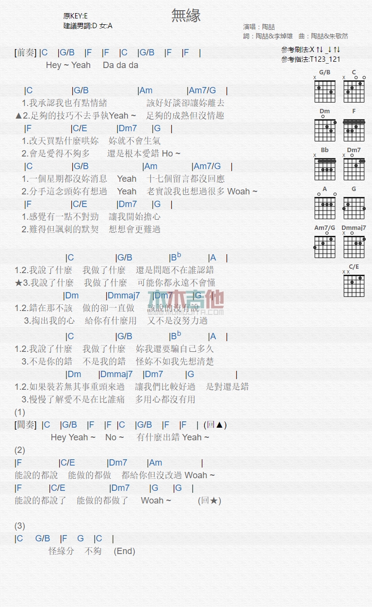 无缘吉他谱_陶喆_木木吉他_C调 