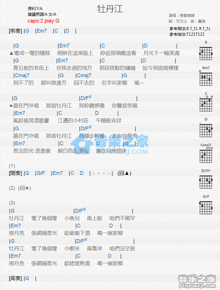 牡丹江吉他谱_南拳妈妈_音乐之家_A调