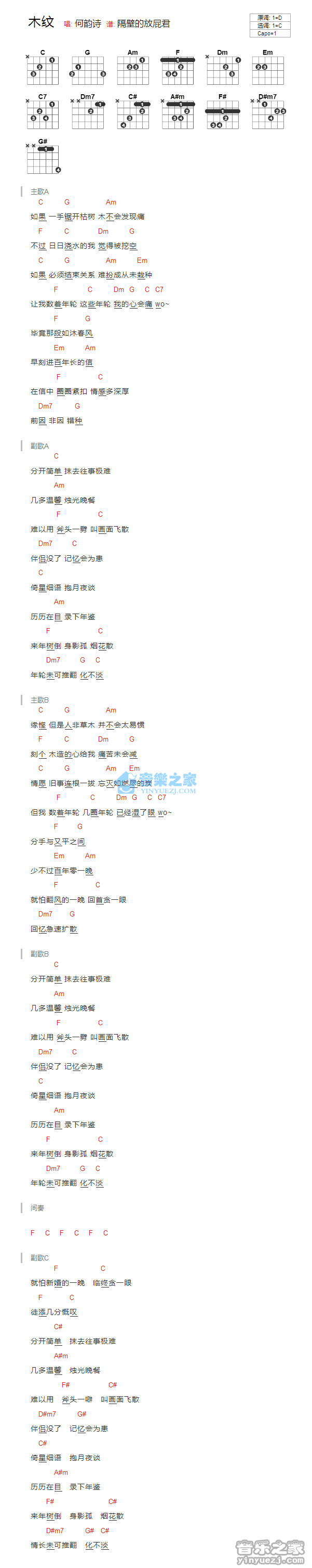 木纹吉他谱_何韵诗_音乐之家_C调