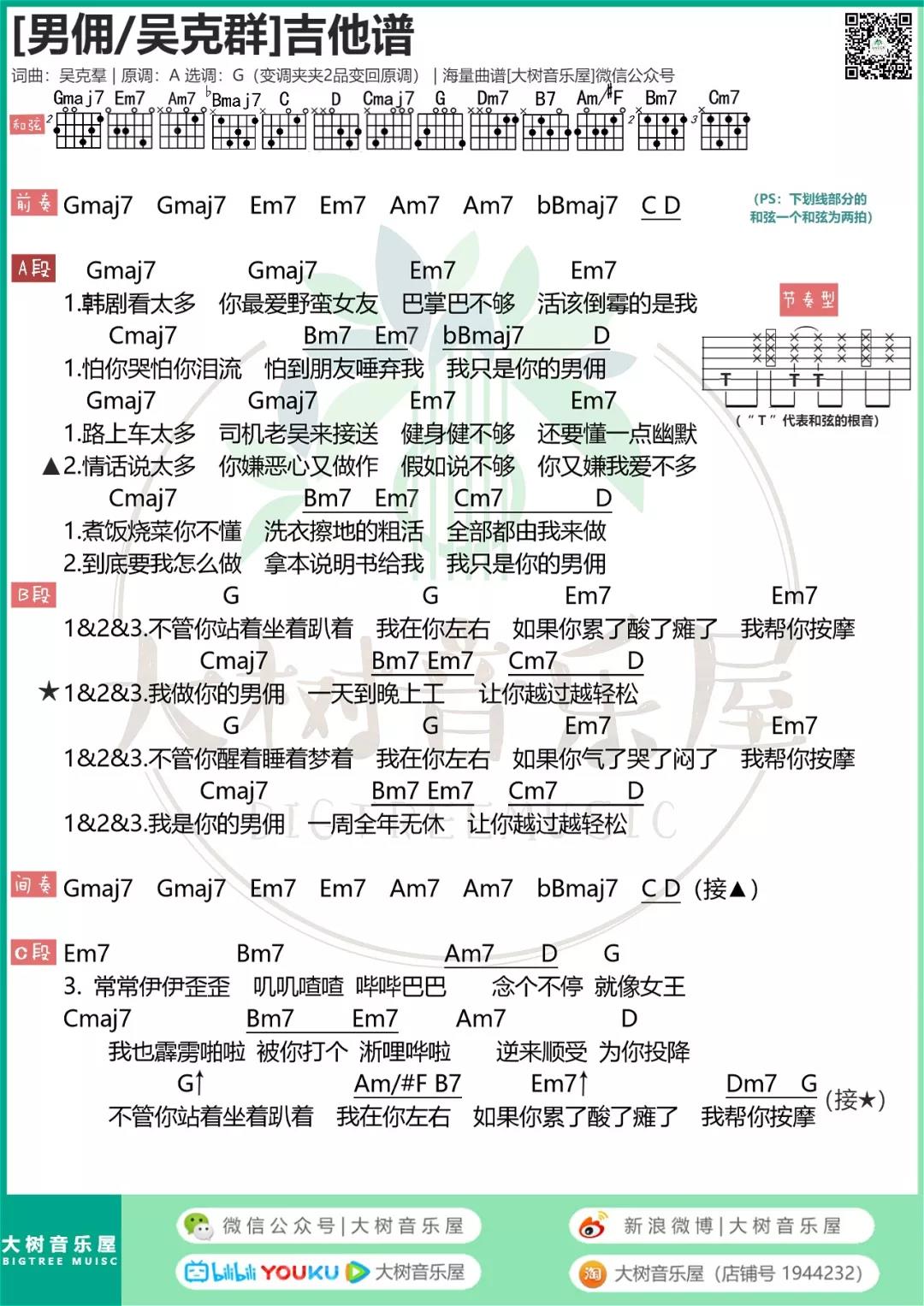 男佣吉他谱_吴克群_大树音乐屋_G调