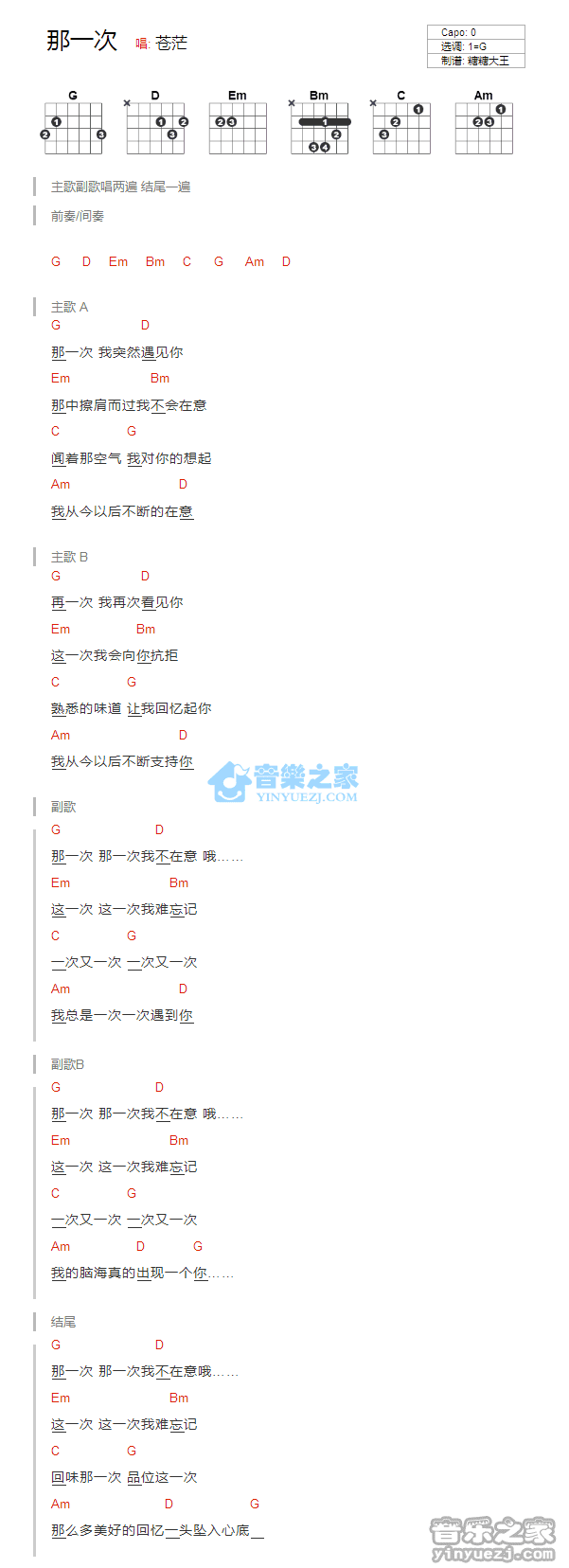 那一次吉他谱_苍茫_音乐之家_G调