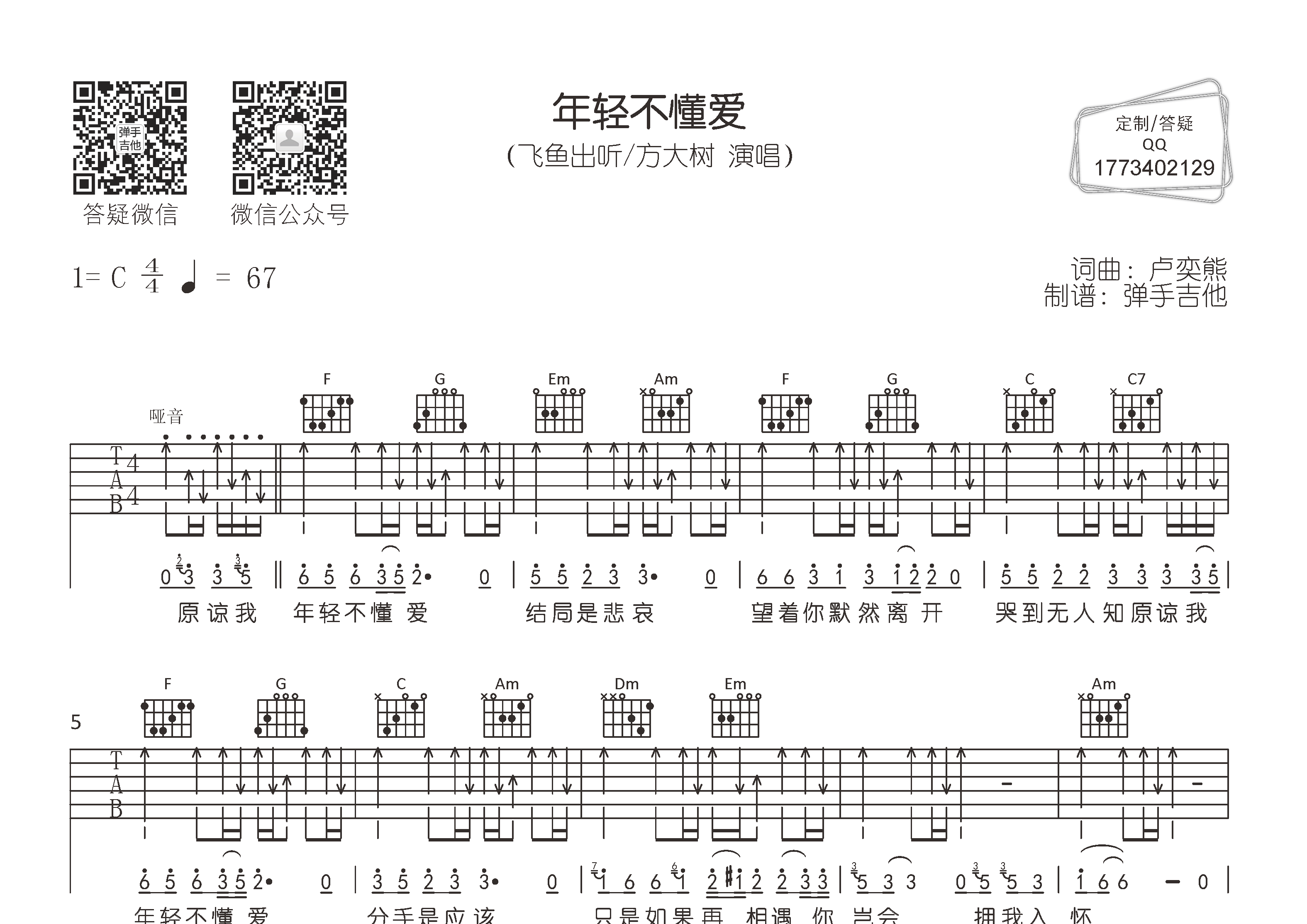 年轻不懂爱吉他谱_飞鱼出听方大树_弹手吉他_C调_飞鱼出听_方大树