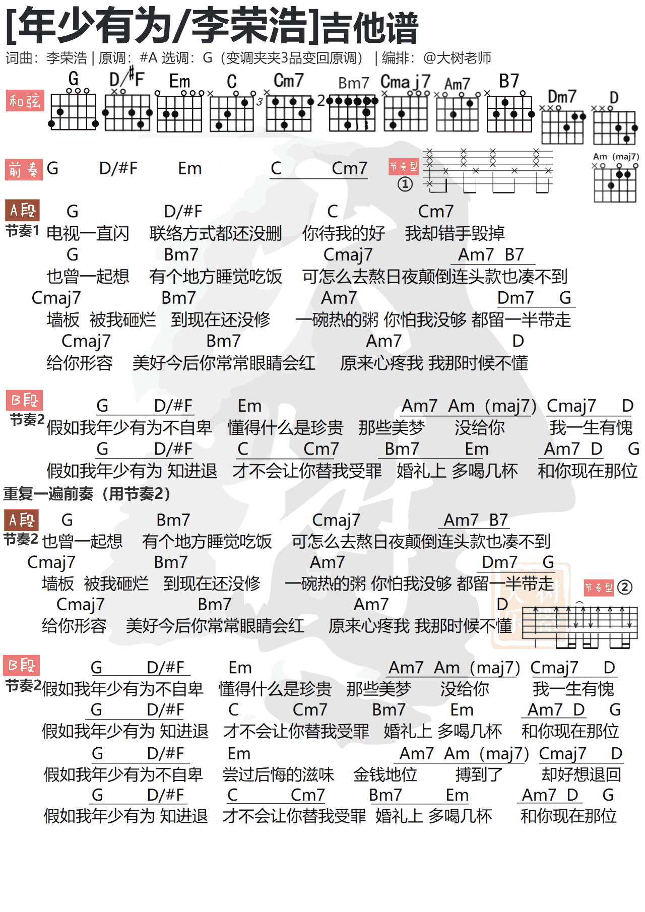 年少有为吉他谱_李荣浩_大树乐器_G调